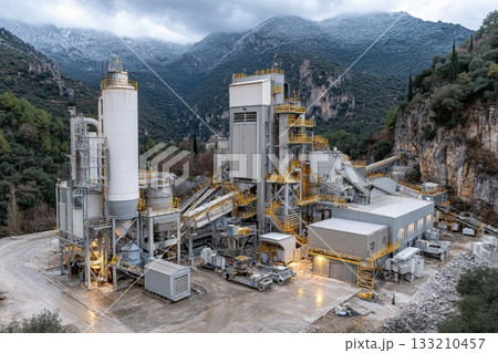 This aggregate processing plant, surrounded by mountains, efficiently transforms raw materials into essential construction materials for infrastructure and building projects This aggregate processing plant, surrounded by mountains, efficiently transforms raw materials into essential construction materials for infrastructure and building projects 133210457