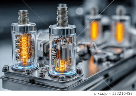 Innovative technology featuring glowing filaments and intricate internal components showcases the future of engineering and electrical power 133210458