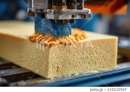 A cutting machine is shown precisely working on a block of foam material, producing shavings. The manufacturing process utilizes automation to ensure accurate cutting 133210507