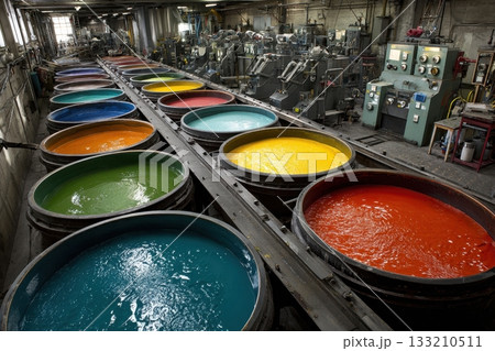 Rows of vats are filled with vibrant, different colored liquids, possibly dyes, within a factory, showcasing the industrial process and the importance of color in manufacturing 133210511