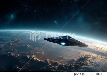 A wide-angle shot of a lone spaceship hovering silently above a distant, alien planet, hinting at cosmic exploration and wonder. A wide-angle shot of a lone spaceship hovering silently above a distant, alien planet, hinting at cosmic exploration and wonder. 133210718