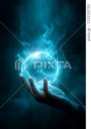 A stylized shot of a hand holding a glowing, ethereal orb, illuminating a dark, mystical environment, symbolizing magic or hidden power. A stylized shot of a hand holding a glowing, ethereal orb, illuminating a dark, mystical environment, symbolizing magic or hidden power. 133210720