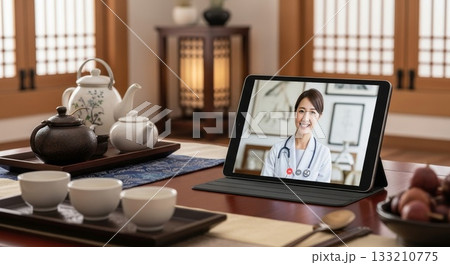 Asian female doctor conducting telemedicine video consultation on tablet device in traditional korean hanok room with tea ceremony setup 133210775