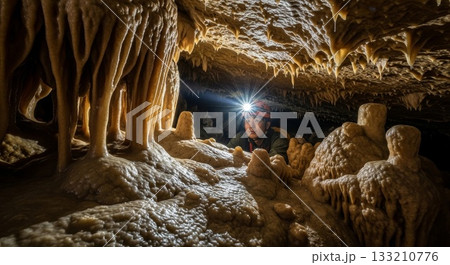 Asian male speleologist with headlamp exploring limestone cave chamber filled with intricate stalactites and stalagmites formations 133210776