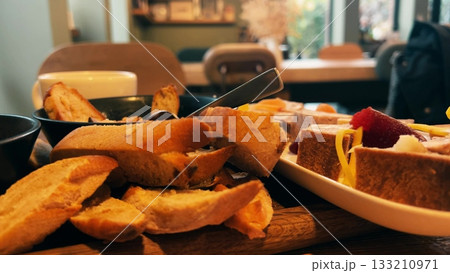 Fine dining French restaurant starters with grilled bread and appetizers 133210971