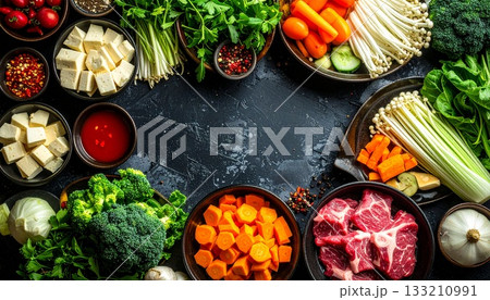 鍋料理と色とりどりの具材 133210991