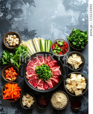 鍋料理と色とりどりの具材 133210992