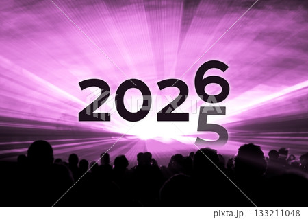 Turn of the year 2026 2025 pink laser show party. Luxury entertainment with people crowd audience silhouettes at new year celebration. Premium nightlife event at holidays season time. 133211048