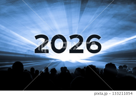 Happy new year 2026 blue laser show party people crowd. Luxury entertainment with audience silhouettes turn of the year celebration. Premium nightlife event at holidays season party time. Happy new year 2026 blue laser show party people crowd. Luxury entertainment with audience silhouettes turn of the year celebration. Premium nightlife event at holidays season party time. 133211054