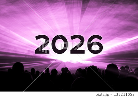Happy new year 2026 pink laser show party people crowd. Luxury entertainment with audience silhouettes turn of the year celebration. Premium nightlife event at holidays season party time. Happy new year 2026 pink laser show party people crowd. Luxury entertainment with audience silhouettes turn of the year celebration. Premium nightlife event at holidays season party time. 133211058