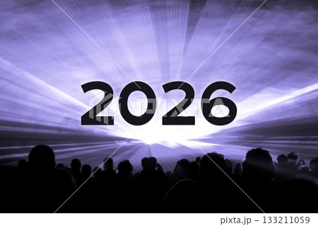 Happy new year 2026 purple laser show party people crowd. Luxury entertainment with audience silhouettes turn of the year celebration. Premium nightlife event at holidays season party time. Happy new year 2026 purple laser show party people crowd. Luxury entertainment with audience silhouettes turn of the year celebration. Premium nightlife event at holidays season party time. 133211059