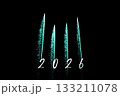 Happy new year 2026 turquoise fireworks rockets new years eve. Luxury firework event sky show turn of the year celebration. Holidays season party time. Premium entertainment nightlife background. 133211078