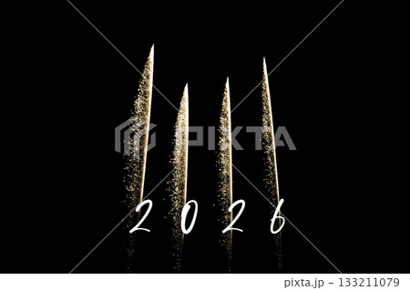 Happy new year 2026 yellow fireworks rockets new years eve. Luxury firework event sky show turn of the year celebration. Holidays season party time. Premium entertainment nightlife background. 133211079