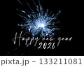 Happy new year 2026 blue sparkler new years eve countdown. Luxury entertainment celebration turn of the year party time. Premium nightlife visual with glowing light sparks on dark background. 133211081