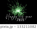 Happy new year 2026 green sparkler new years eve countdown. Luxury entertainment celebration turn of the year party time. Premium nightlife visual with glowing light sparks on dark background. 133211082