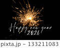 Happy new year 2026 orange sparkler new years eve countdown. Luxury entertainment celebration turn of the year party time. Premium nightlife visual with glowing light sparks on dark background. 133211083