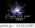 Happy new year 2026 purple sparkler new years eve countdown. Luxury entertainment celebration turn of the year party time. Premium nightlife visual with glowing light sparks on dark background. 133211085