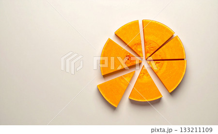 A pie chart made of pumpkin slices illustrates Thanksgiving dinner portions on a plain background. 133211109