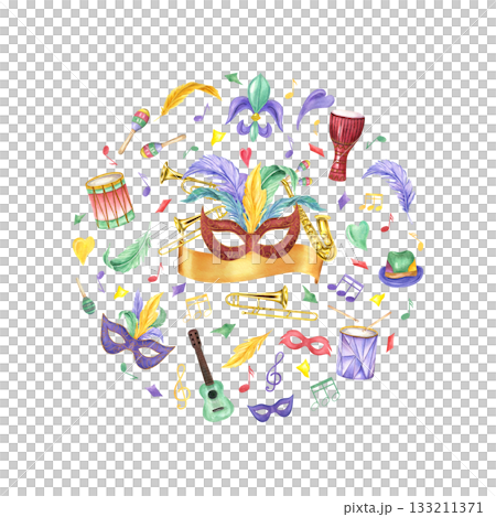 Watercolor attributes of Mardi Gras carnival illustration on isolated background. Music instruments, feather masks in traditional colors for masquerade party. Colorful round composition for poster. 133211371