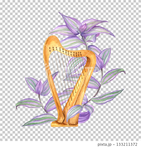 Watercolor classical wooden harp string among tropical tradescantia plant illustration on isolated background. Musical stringed instrument and purple leaves. For jazz festival, Patrick day invitation. 133211372