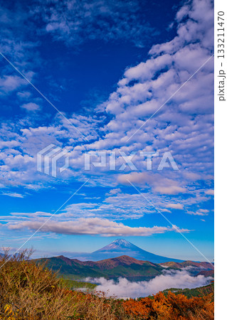 【神奈川県】紅葉期の箱根大観山から、芦ノ湖の雲海と富士山 133211470