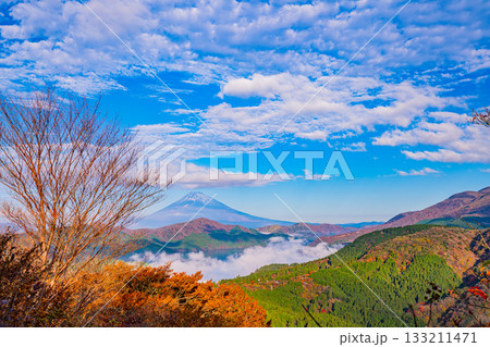 【神奈川県】紅葉期の箱根大観山から、芦ノ湖の雲海と富士山 【神奈川県】紅葉期の箱根大観山から、芦ノ湖の雲海と富士山 133211471