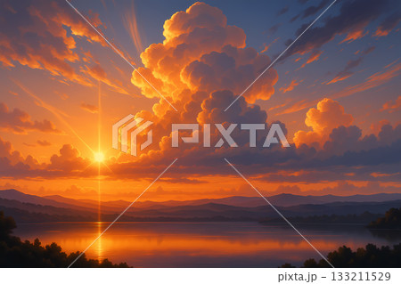 壮大な夕焼けと巨大な入道雲が映る湖の風景（アニメ風背景） 133211529