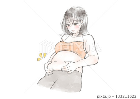 あおり構図のお腹をつまむダイエットしようとしている女性のイラスト 133211622