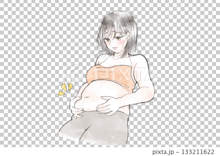 一幅描繪女性試圖透過捏住腹部來減肥的斜角插圖 133211622