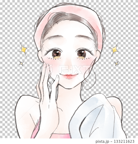 Illustration of a woman with a happy face after washing her face Illustration of a woman with a happy face after washing her face 133211623