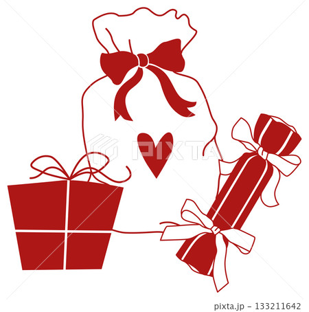 Hand-drawn Christmas composition with gifts and wrapped presents in red color in line art style Hand-drawn Christmas composition with gifts and wrapped presents in red color in line art style 133211642