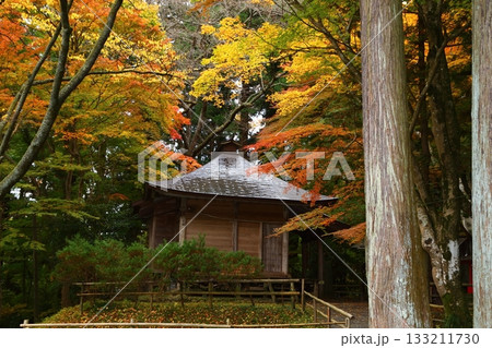 紅葉に包まれる中尊寺の地蔵堂 133211730