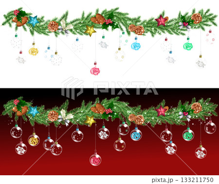 モミの枝とクリスマスオーナメントの飾りライン 133211750