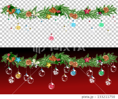 モミの枝とクリスマスオーナメントの飾りライン 133211750