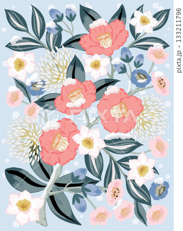 Korean January Flowers Vector Illustration of Winter Blooms: Camellia, Plum Blossom, and Narcissus  133211796