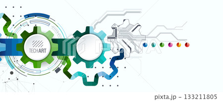 Stylized view of gears integrated with microcircuits. Concept of combining mechanics and electronics. 133211805