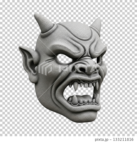 Stone gargoyle mask with horns and sharp teeth an architectural gothic sculpture element 133211816