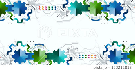 Stylized view of gears integrated with microcircuits. Concept of combining mechanics and electronics. 133211818