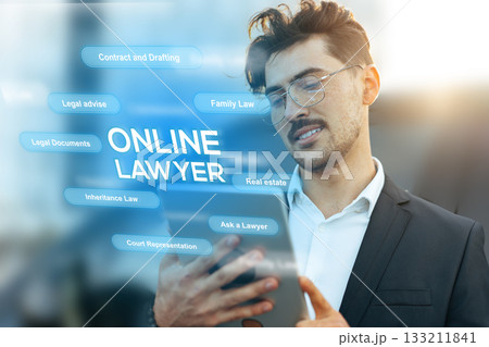 Online lawyer offers legal services with modern technology in a professional setting 133211841
