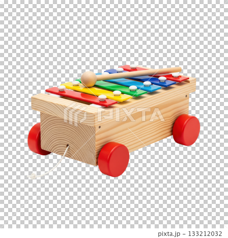 Wooden pull along xylophone toy with colorful metal keys and red wheels for musical kids 133212032