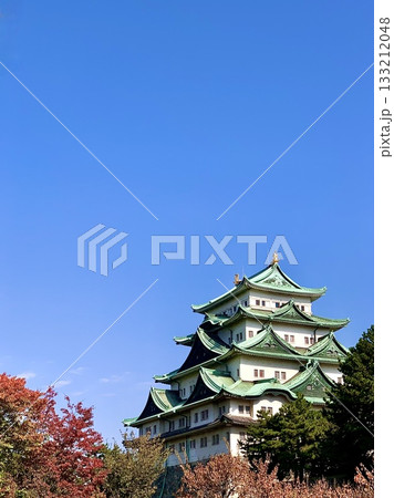 秋晴れの青空に映える紅葉の名古屋城天守閣〈愛知県名古屋市〉 133212048
