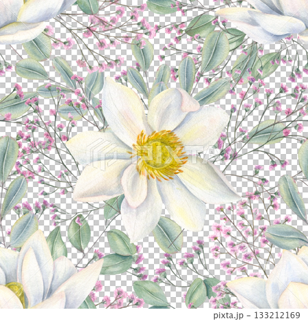 Blooming white lotus flower head, pink gypsophila, eucalyptus leaves seamless watercolor pattern on isolated background. Asian floral ornate. Spring illustration for packaging, textile, wedding decor. 133212169