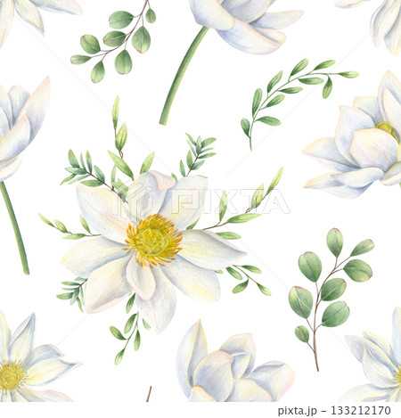 White waterlily flowers, eucalyptus leaves seamless watercolor pattern on isolated background. Blooming lotus and green foliage ornate illustration for packaging, textile design, wedding decor. 133212170