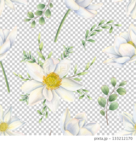 White waterlily flowers, eucalyptus leaves seamless watercolor pattern on isolated background. Blooming lotus and green foliage ornate illustration for packaging, textile design, wedding decor. 133212170