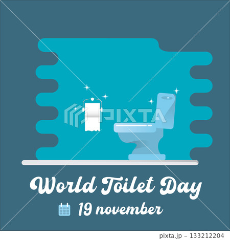 world toilet day banner and poster design template with Toilet bawl icon with toilet paper roll isolated on blue background. Flat Toilet room icon. Vector World toilet day concept illustration 133212204