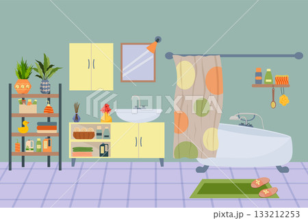 Cozy bathroom interior design with bath, sink, mirror, shelves, and various accessories and plants, for home decor concept. 133212253