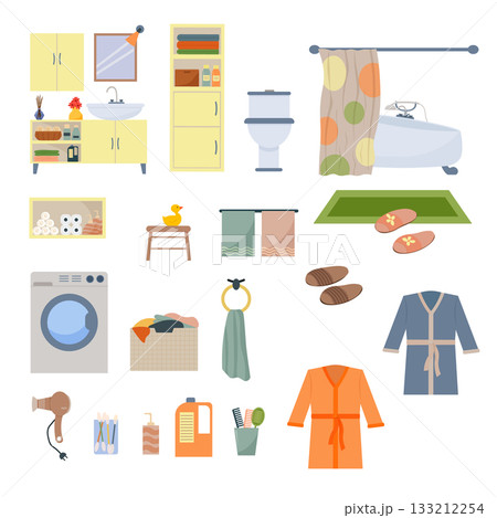 Bathroom furniture and accessories in a flat style, vector illustration. Concept of hygiene items and home laundry. 133212254