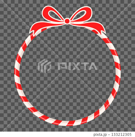 Vector round candy cane frame with bow, red and white circle border for Christmas and Valentine's Day designs 133212305