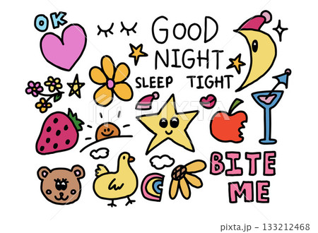 Cute hand drawn vector illustrations of moon, star, strawberry, flowers, heart, apple, sun, teddy bear, duck, rainbow for decoration, stickers, kid drawing style, icons, animal, patch, brooch, toy Cute hand drawn vector illustrations of moon, star, strawberry, flowers, heart, apple, sun, teddy bear, duck, rainbow for decoration, stickers, kid drawing style, icons, animal, patch, brooch, toy 133212468