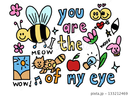 Cute hand drawn vector illustrations of bee, cat, pink bunny, post card, flowers, light bulb, apple, heart for decoration, stickers, kid drawing style, icons, animals, pet shop, patch, brooch, toy 133212469